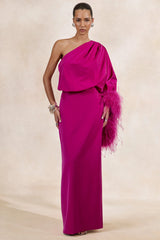 Felicity | Hot Pink Satin Asymmetric-Neck Maxi Dress With Feather Detailing