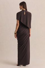 Lunaline | Brown High-Neck Maxi Dress With Asymmetric Cape And Draped-Detailing