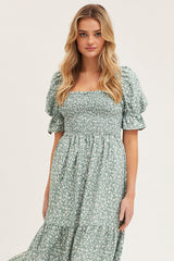 Print Puff Sleeve Tiered Maxi Dress