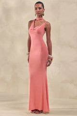 Kenza | Coral Asymmetric-Neck Maxi Dress With Scarf-Detail