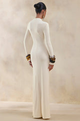 Karessa | Cream High-Neck Maxi Dress With Gathered Detailing And Front-High Split