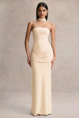 Graciella | Cream Bandeau Maxi Dress With Draped Detailing And Scarf