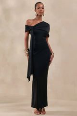 Esalina | Black Asymmetric-Neck Maxi Dress With Sash