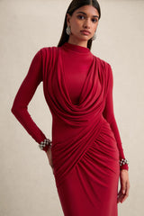 Karinthia | Red High-Neck Maxi Dress With Draped-Detailing