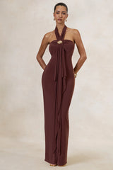 Delaina | Dark Brown Halter-Neck Maxi Dress With Gold Detail And Sash
