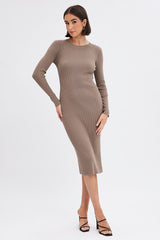 Brown Midi Dress Long Sleeve Round Neck Rib Knitted