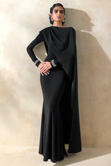 Salenne | Black Wide-Neck Maxi Dress With Satin Asymmetric-Cape