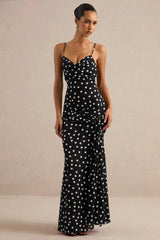 Virtue | Black & White Sheer Polka Dot Cowl-Neck Fishtail Maxi Dress With Split