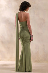 Roselani | Olive Halter-Neck Maxi Dress With Open-Back