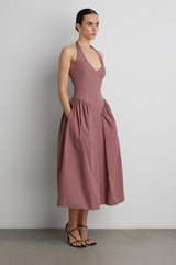 COTTON POPLIN HALTER MIDI DRESS