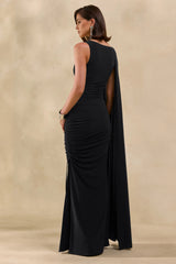 Evalette | Black Asymmetric-Neck Maxi Dress With Cape-Sleeve