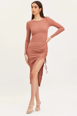 Brown Midi Dress Long Sleeve Bodycon