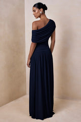 Emberly | Navy Draped Asymmetric-Neck Maxi Dress With Drop-Waist