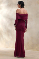 Brisea | Burgundy Bardot-Neck Maxi Dress