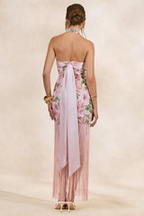 Lerisa | Pink Floral Print Lace Halter-Neck Fringed Maxi Dress