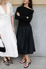 LONG SLEEVE OFF THE SHOULDER BUBBLE HEM MIDI DRESS