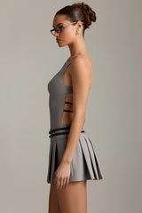 Belted Backless Pleated Mini Dress in Grey