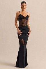 Belvair | Black Satin And Lace Maxi Dress With Draped-Detail
