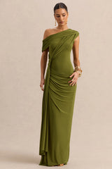 Avialee | Green Asymmetric-Neck Maxi Dress With Gathered-Detailing And Sash