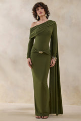 Bessy | Green Asymmetric-Neck Maxi Dress With Gathered-Detailing And Sash