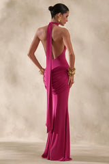 Daisy | Hot Pink Halter-Neck Maxi Dress With Draped-Detailing