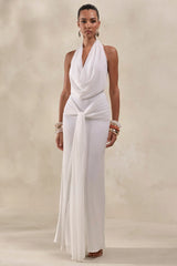 Rosetide | White Cowl-Neck Maxi Dress With Gathered-Detailing And Sash
