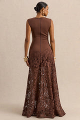Calune | Brown Lace Wide-Neck Maxi Dress