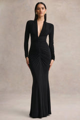 Tami | Black Plunge-Neck Long Sleeve Maxi Dress