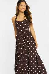 Brown Polka Dot Maxi Dress Halter Neck