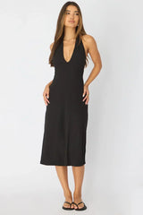 Black Midi Dress Deep V-neck