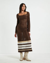 Kimmy Crochet Stripe Midi Dress Chocolate in Brown