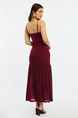 Red Maxi Dress Gathered Bust Mesh