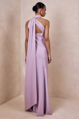 Cara | Lilac Matte Satin High-Neck Maxi Dress
