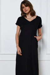 Black Maxi Dress Short Sleeve V Neck