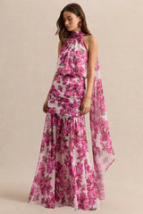 Veronique | Pink Hibiscus Floral Halter-Neck Maxi Dress