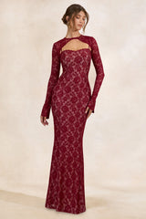Mirellia | Dark Red Lace Sweetheart-Neck Maxi Dress