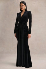 Halima | Black Velvet Plunge-Neck Maxi Dress With Gathered Detailing