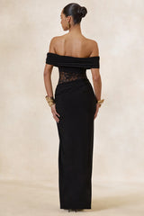 Forsya | Black Bardot-Neck Maxi Dress With Lace-Detailing