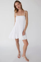 SMOCKED TIERED MINI DRESS