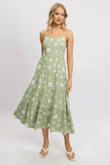 Green Abstract Midi Dress Tiered Strappy