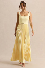 Danika | Lemon Square-Neck Belted Maxi Dress With Pleated Skirt