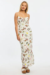 Multi Abstract Midi Dress Gathering Bust Sleeveless