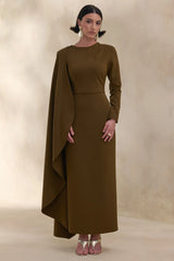 Jovea | Olive Round-Neck Maxi Dress With Cape-Sleeve