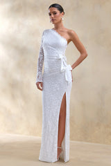 Norna | White Lace Asymmetric-Neck Maxi Dress With Cut-Out And Bow Details