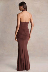 Hyla | Brown High-Neck Maxi Dress With Sash-Detail