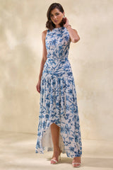 Myssara | Blue Porcelain-Print High-Neck Maxi Dress Gathered-Detailing