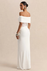 Forsya | White Bardot-Neck Maxi Dress With Lace-Detailing