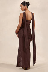 Ursa | Brown Bandeau-Neck Maxi Dress With Scarf Detail And Gathered Detailing