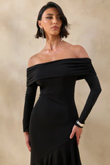 Goldara | Black Bardot-Neck Maxi Dress With Ruffled Asymmetric-Hem