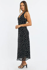 Black Polka Dot Midi Dress Halter Neck